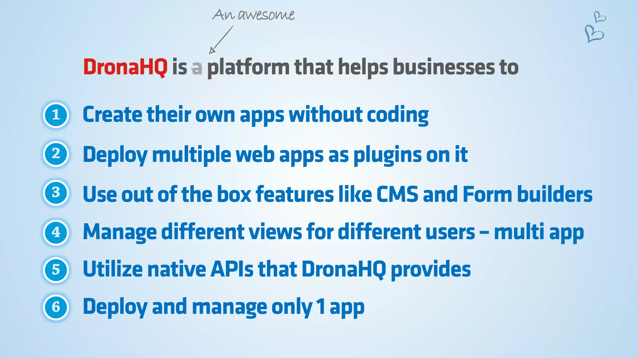 DronaHQ isaplatform that helps businesses to 
Create their own apps without coding 
Deploy multiple web apps as plugins on it 
Use out of the box features like CMS and Form builders 
An awesome 
Manage different views for different users –multi app 
Utilize native APIs that DronaHQ provides 
Deploy and manage only 1 app  