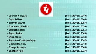 • Soumali Ganguly (Roll: 13001616040)
• Sayani Ghosh (Roll: 13001616048)
• Samyak Biswas (Roll: 13001616057)
• Souradeep Mullick (Roll: 13001616038)
• Saurabh Basak (Roll: 13001616051)
• Sayan Sarkar (Roll: 13001616049)
• Shivangi Lal (Roll: 13001616043)
• Sayantan Chattopadhyay (Roll: 13001616047)
• Siddhartha Basu (Roll: 13001616042)
• Shakya Acharya (Roll: 13001616046)
• Spandan Paul (Roll: 13001616037)
 