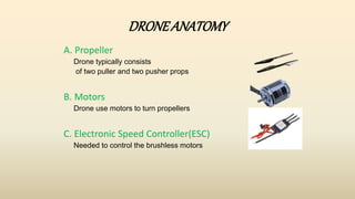 DRONEANATOMY
A. Propeller
Drone typically consists
of two puller and two pusher props
B. Motors
Drone use motors to turn propellers
C. Electronic Speed Controller(ESC)
Needed to control the brushless motors
 