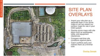 SITE PLAN
OVERLAYS
▪ Import your site plan as a
separate layer in our drone
maps or we can export our
contour maps for use in your
CAD system.
▪ Overlay drone maps with site
plans such as wastewater,
utility, and equipment
clearances.
▪ Compare real-time site
conditions against plans.
▪ Catch conflicts early and
redirect them at a minimal
cost.
Overlay Sample
03
CONSTRUCTION
 