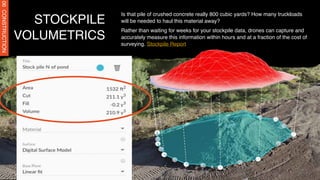 Is that pile of crushed concrete really 800 cubic yards? How many truckloads
will be needed to haul this material away?
Rather than waiting for weeks for your stockpile data, drones can capture and
accurately measure this information within hours and at a fraction of the cost of
surveying. Stockpile Report
STOCKPILE
VOLUMETRICS
06
CONSTRUCTION
 