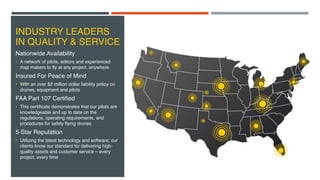 INDUSTRY LEADERS
IN QUALITY & SERVICE
Nationwide Availability
• A network of pilots, editors and experienced
map makers to fly at any project, anywhere
Insured For Peace of Mind
• With an over $2 million dollar liability policy on
drones, equipment and pilots
FAA Part 107 Certified
• This certificate demonstrates that our pilots are
knowledgeable and up to date on the
regulations, operating requirements, and
procedures for safely flying drones
5-Star Reputation
• Utilizing the latest technology and software, our
clients know our standard for delivering high-
quality assets and customer service – every
project, every time
 