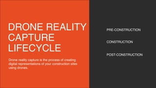 DRONE REALITY
CAPTURE
LIFECYCLE
PRE-CONSTRUCTION
CONSTRUCTION
POST-CONSTRUCTION
Drone reality capture is the process of creating
digital representations of your construction sites
using drones.
 