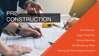 Site Selection
Legal Protection
Zoning Meetings
360 Rendering Video
Setting Up Drone Deploy Account
PRE-
CONSTRUCTION
 