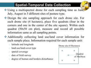  Using a multispectral drone for each sampling time as June,
July, August in 5 different sites of pasture type.
 Design the site sampling approach for each drone site. For
each drone site (4 hectares), place five quadrats (four in the
corners and one in the center of the site square). Within each
quadrat (50x50 cm plot), measure and record all possible
information same as all sampling points.
 Additionally collecting land use/land cover information for
each sample place. Information required for each sample unit:
o latitude and longitude
o land use/land cover type
o spatial coverage
o date of field survey
o degree of human and herders disturbance
Drone site (4 Hectares)
Quadrat
of 50x50cm
Spatial-Temporal Data Collection
 
