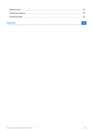 Balance sheet 42
Break-even Analysis 44
Financing needs 46
Appendix 48
Drone Business Plan | Business Plan 2023 4/50
 