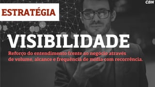 VISIBILIDADEReforço do entendimento frente ao negócio através
de volume, alcance e frequência de mídia com recorrência.
ESTRATÉGIA
 