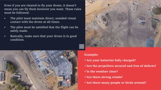 Example:
Are your batteries fully charged?
Are the propellers secured and free of defects?
Is the weather clear?
Are there strong winds?
Are there many people or birds around?
Even if you are cleared to fly your drone, it doesn’t
mean you can fly them however you want. These rules
must be followed:
• The pilot must maintain direct, unaided visual
contact with the drone at all times.
• The pilot must be satisfied that the flight can be
safely made.
• Basically, make sure that your drone is in good
condition.
 