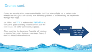 Drones are evolving into a more accessible tool that could eventually be put to various tasks
domestically throughout the country, from delivering groceries to revolutionizing the way farmers
manage their crops.
Drones cont.
$98 billion
12% spent on
commercial
purposes
We predict that 12% of an estimated $98 billion in
cumulative global spending on aerial drones over the
next decade will be for commercial purposes.
Other countries, like Japan and Australia, will continue
to overtake the United States in drone sales if the U.S
does not ease current restrictions.
 