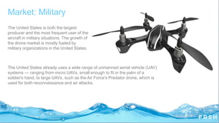 The United States is both the largest
producer and the most frequent user of the
aircraft in military situations. The growth of
the drone market is mostly fueled by
military organizations in the United States.
Market: Military
The United States already uses a wide range of unmanned aerial vehicle (UAV)
systems — ranging from micro UAVs, small enough to fit in the palm of a
soldier's hand, to large UAVs, such as the Air Force's Predator drone, which is
used for both reconnaissance and air attacks.
 