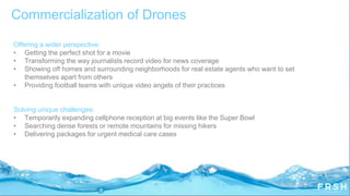 Commercialization of Drones
Offering a wider perspective:
• Getting the perfect shot for a movie
• Transforming the way journalists record video for news coverage
• Showing off homes and surrounding neighborhoods for real estate agents who want to set
themselves apart from others
• Providing football teams with unique video angels of their practices
Solving unique challenges:
• Temporarily expanding cellphone reception at big events like the Super Bowl
• Searching dense forests or remote mountains for missing hikers
• Delivering packages for urgent medical care cases
 