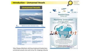 http://www.slideshare.net/mauricejansen/masterclass-
unmanned-vessels-vice-and-virtue-for-shipping-industry
Unmanned Vessels
Introduction – Unmanned Vessels
 