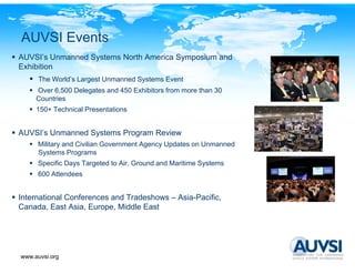 AUVSI Events
AUVSI’s Unmanned Systems North America Symposium and
Exhibition
      The World’s Largest Unmanned Systems Event
     Over 6,500 Delegates and 450 Exhibitors from more than 30
     Countries
     150+ Technical Presentations


AUVSI’s Unmanned Systems Program Review
                  y         g
     Military and Civilian Government Agency Updates on Unmanned
     Systems Programs
     Specific Days Targeted to Air, Ground and Maritime Systems
     600 Attendees


International Conferences and Tradeshows – Asia-Pacific,
Canada, East Asia, Europe, Middle East




www.auvsi.org
 