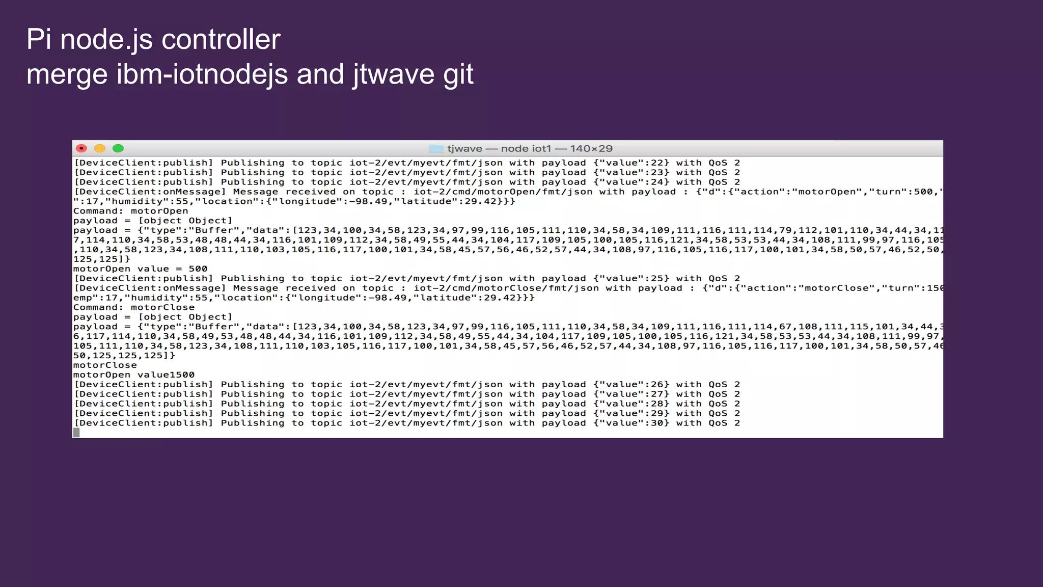 Pi node.js controller
merge ibm-iotnodejs and jtwave git
 