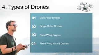 4. Types of Drones
02
03
01 Multi Rotor Drones
Fixed Wing Drones
Single Rotor Drones
04 Fixed Wing Hybrid Drones.
 