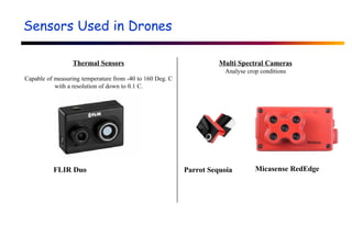 Sensors Used in Drones
Thermal Sensors
Capable of measuring temperature from -40 to 160 Deg. C
with a resolution of down to 0.1 C.
Multi Spectral Cameras
Analyse crop conditions
Parrot Sequoia Micasense RedEdge
FLIR Duo
 