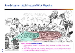 2
0
Pre-Disaster: Multi-hazard Risk Mapping
CAPRA Features (www.ecapra.org)
• Multi-hazard (6 Hazards - Earthquake, Flood, Hurricane, Landslide, Tsunami and
Volcano)
• Probabilistic approach with possibility of integrating Climate Change information
• Informed decision making on basis of risk
 