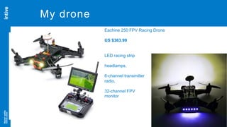 Neversettle
intive.com
41
My drone
Eachine 250 FPV Racing Drone
US $363.99
LED racing strip
headlamps,
6-channel transmitter
radio,
32-channel FPV
monitor
 