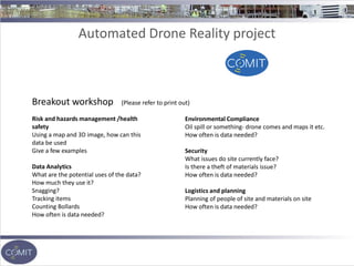 Automated Drone Reality project
Breakout workshop
Risk and hazards management /health
safety
Using a map and 3D image, how can this
data be used
Give a few examples
Data Analytics
What are the potential uses of the data?
How much they use it?
Snagging?
Tracking items
Counting Bollards
How often is data needed?
Environmental Compliance
Oil spill or something- drone comes and maps it etc.
How often is data needed?
Security
What issues do site currently face?
Is there a theft of materials issue?
How often is data needed?
Logistics and planning
Planning of people of site and materials on site
How often is data needed?
(Please refer to print out)
 