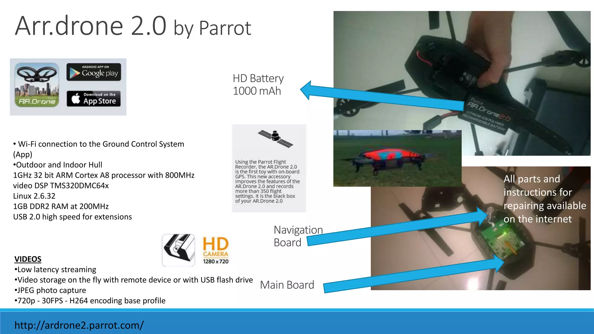 Arr.drone 2.0 by Parrot 
HD Battery 
1000 mAh 
Navigation 
Board 
Main Board 
VIDEOS 
•Low latency streaming 
•Video storage on the fly with remote device or with USB flash drive 
•JPEG photo capture 
•720p - 30FPS - H264 encoding base profile 
All parts and 
instructions for 
repairing available 
on the internet 
• Wi-Fi connection to the Ground Control System 
(App) 
•Outdoor and Indoor Hull 
1GHz 32 bit ARM Cortex A8 processor with 800MHz 
video DSP TMS320DMC64x 
Linux 2.6.32 
1GB DDR2 RAM at 200MHz 
USB 2.0 high speed for extensions 
http://ardrone2.parrot.com/ 
 