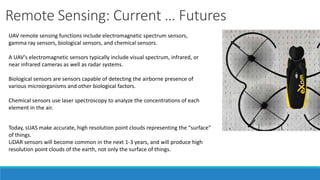 Remote Sensing: Current … Futures 
UAV remote sensing functions include electromagnetic spectrum sensors, 
gamma ray sensors, biological sensors, and chemical sensors. 
A UAV's electromagnetic sensors typically include visual spectrum, infrared, or 
near infrared cameras as well as radar systems. 
Biological sensors are sensors capable of detecting the airborne presence of 
various microorganisms and other biological factors. 
Chemical sensors use laser spectroscopy to analyze the concentrations of each 
element in the air. 
Today, sUAS make accurate, high resolution point clouds representing the “surface” 
of things. 
LiDAR sensors will become common in the next 1-3 years, and will produce high 
resolution point clouds of the earth, not only the surface of things. 
 