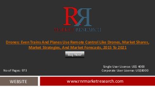 Drones: Even Trains And Planes Use Remote Control Like Drones, Market Shares,
Market Strategies, And Market Forecasts, 2015 To 2021
www.rnrmarketresearch.comWEBSITE
Single User License: US$ 4000
No of Pages: 973 Corporate User License: US$8000
 