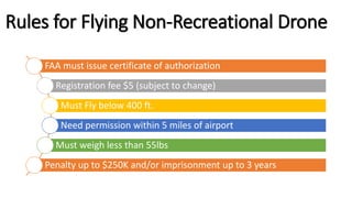 Rules for Flying Non-Recreational Drone
FAA must issue certificate of authorization
Registration fee $5 (subject to change)
Must Fly below 400 ft.
Need permission within 5 miles of airport
Must weigh less than 55lbs
Penalty up to $250K and/or imprisonment up to 3 years
 