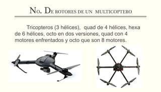 NO. DE ROTORES DE UN MULTICOPTERO
Tricopteros (3 hélices), quad de 4 hélices, hexa
de 6 hélices, octo en dos versiones, quad con 4
motores enfrentados y octo que son 8 motores.
 