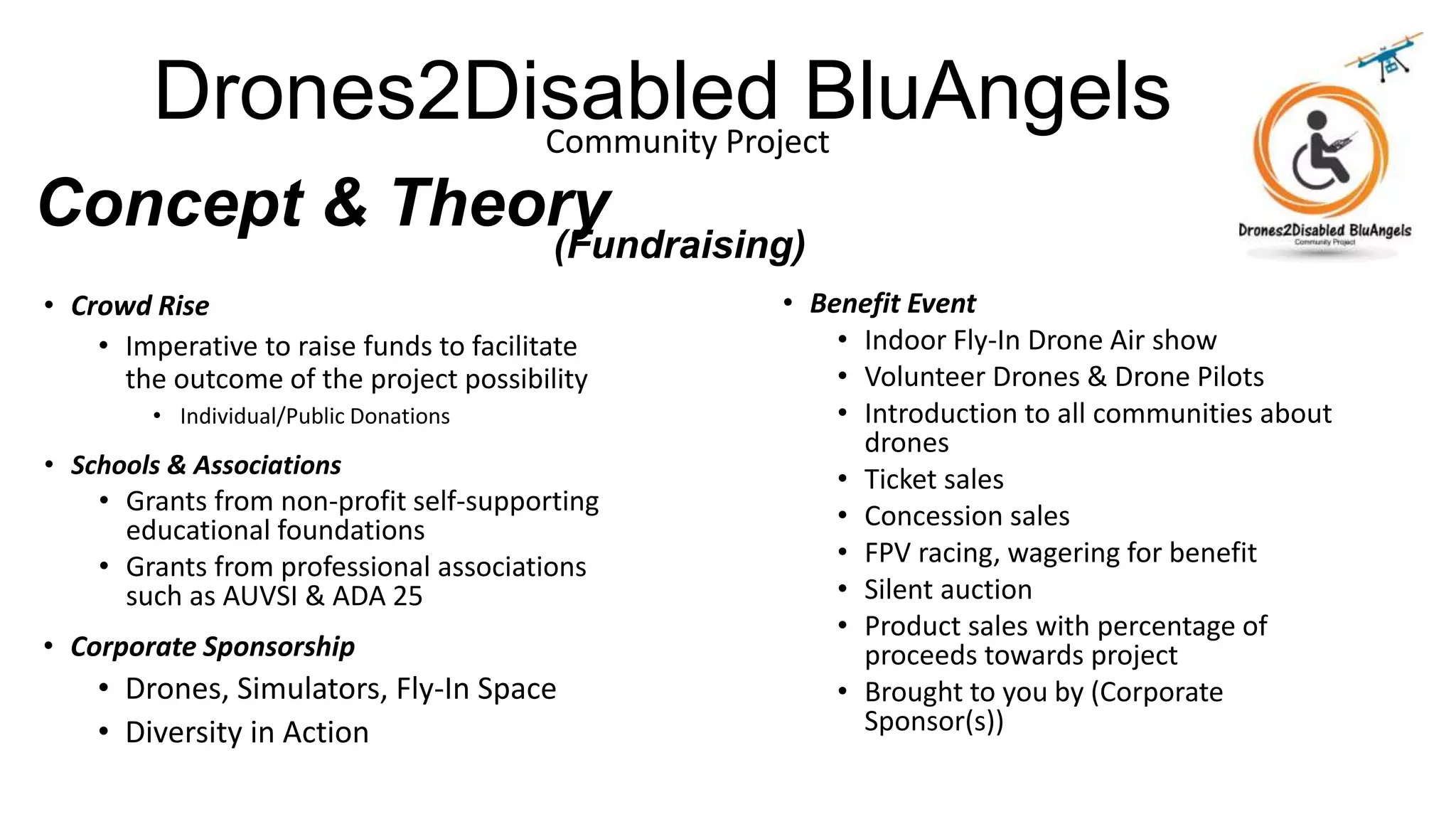 Drones2Disabled BluAngelsCommunity Project
Concept & Theory(Fundraising)
• Crowd Rise
• Imperative to raise funds to facilitate
the outcome of the project possibility
• Individual/Public Donations
• Schools & Associations
• Grants from non-profit self-supporting
educational foundations
• Grants from professional associations
such as AUVSI & ADA 25
• Corporate Sponsorship
• Drones, Simulators, Fly-In Space
• Diversity in Action
• Benefit Event
• Indoor Fly-In Drone Air show
• Volunteer Drones & Drone Pilots
• Introduction to all communities about
drones
• Ticket sales
• Concession sales
• FPV racing, wagering for benefit
• Silent auction
• Product sales with percentage of
proceeds towards project
• Brought to you by (Corporate
Sponsor(s))
 