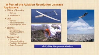 A Part of the Aviation Revolution Unlimited
Applications
• Military/Security
– Defense
– Surveillance
• Civil
– Defense
– Natural Disasters
– Humanitarian Relief
• Science
– Environment
– Weather & Storm
Tracking
• Commercial
– Wireless
Communications
– Precision Agriculture
– Cargo Transport
Dull, Dirty, Dangerous Missions
 