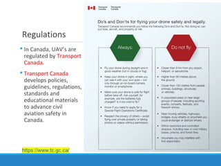 Regulations
 In Canada, UAV’s are
regulated by Transport
Canada.
 Transport Canada
develops policies,
guidelines, regulations,
standards and
educational materials
to advance civil
aviation safety in
Canada.
 