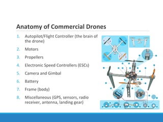 Anatomy of Commercial Drones
1. Autopilot/Flight Controller (the brain of
the drone)
2. Motors
3. Propellers
4. Electronic Speed Controllers (ESCs)
5. Camera and Gimbal
6. Battery
7. Frame (body)
8. Miscellaneous (GPS, sensors, radio
receiver, antenna, landing gear)
 