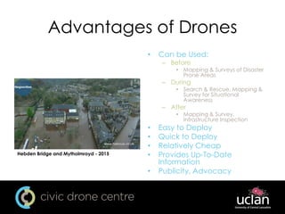 Advantages of Drones
• Can be Used:
– Before
• Mapping & Surveys of Disaster
Prone Areas
– During
• Search & Rescue, Mapping &
Survey for Situational
Awareness
– After
• Mapping & Survey,
Infrastructure Inspection
• Easy to Deploy
• Quick to Deploy
• Relatively Cheap
• Provides Up-To-Date
Information
• Publicity, Advocacy
Hebden Bridge and Mytholmroyd - 2015
 