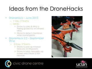 Ideas from the DroneHacks
• DroneHack – June 2015
– 1 Day, 2 Teams
– Ideas:
• Drone to carry & drop a
lifering guided by an infrared
array
• Drone to detect chemicals
when barrel bombs
• DroneHack 2.0 – September
2016
– 2 Days, 2 Teams
• Drone to pick up infrared
beacons on lifejackets
• Drone to relay messages via
screen and create a wifi-
network
 