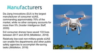 Da-Jiang Innovations (DJI) is the largest
manufacturer of consumer sUAS,
commanding approximately 70% of the
market, while no other company accounts for
more than 5% (Insider Intelligence Staff,
2020).
DJI consumer drones have saved 133 lives
between 2017 and 2018 (Middleton, 2018).
Relatively low-cost non-military-grade sUAS
can enable fire departments and other public
safety agencies to accomplish life-saving
tasks (Middleton, 2018).
 