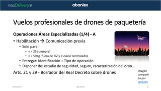 Vuelos profesionales de drones de paquetería
28/03/2017 @pablofb 22
Operaciones Áreas Especializadas (1/4) - A
• Habilitac...