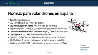 Normas para volar drones en España
28/03/2017 @pablofb 7
• Constitución Española
• Ley 18/2014, art. 50  Ley de drones
• ...