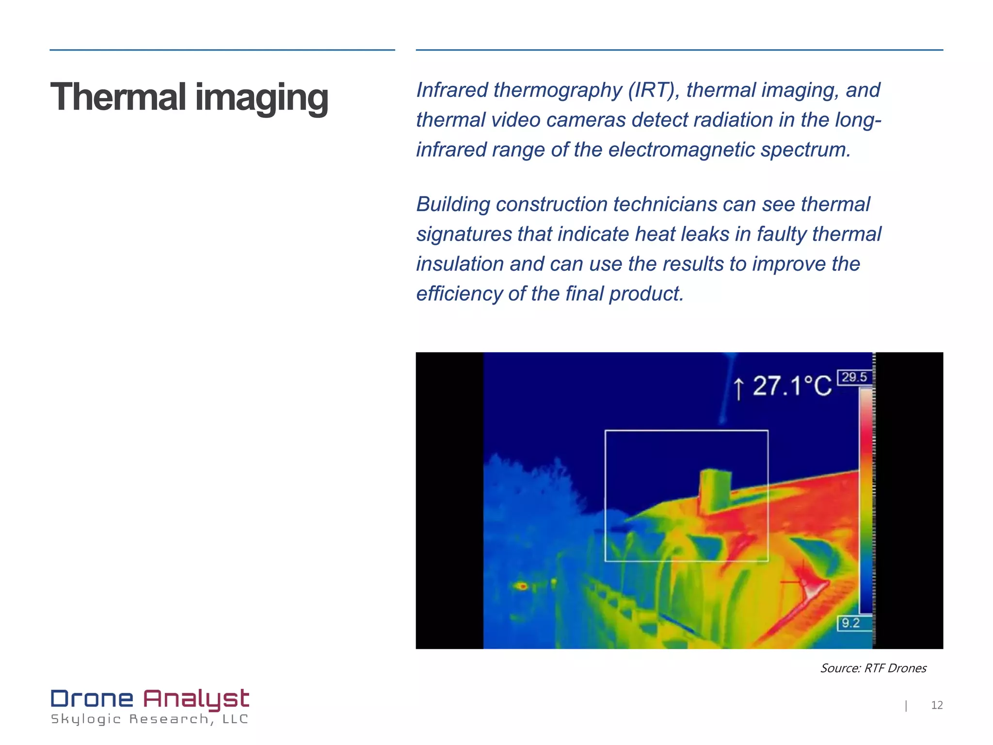 12|
Source: RTF Drones
Thermal imaging Infrared thermography (IRT), thermal imaging, and
thermal video cameras detect radiation in the long-
infrared range of the electromagnetic spectrum.
Building construction technicians can see thermal
signatures that indicate heat leaks in faulty thermal
insulation and can use the results to improve the
efficiency of the final product.
 