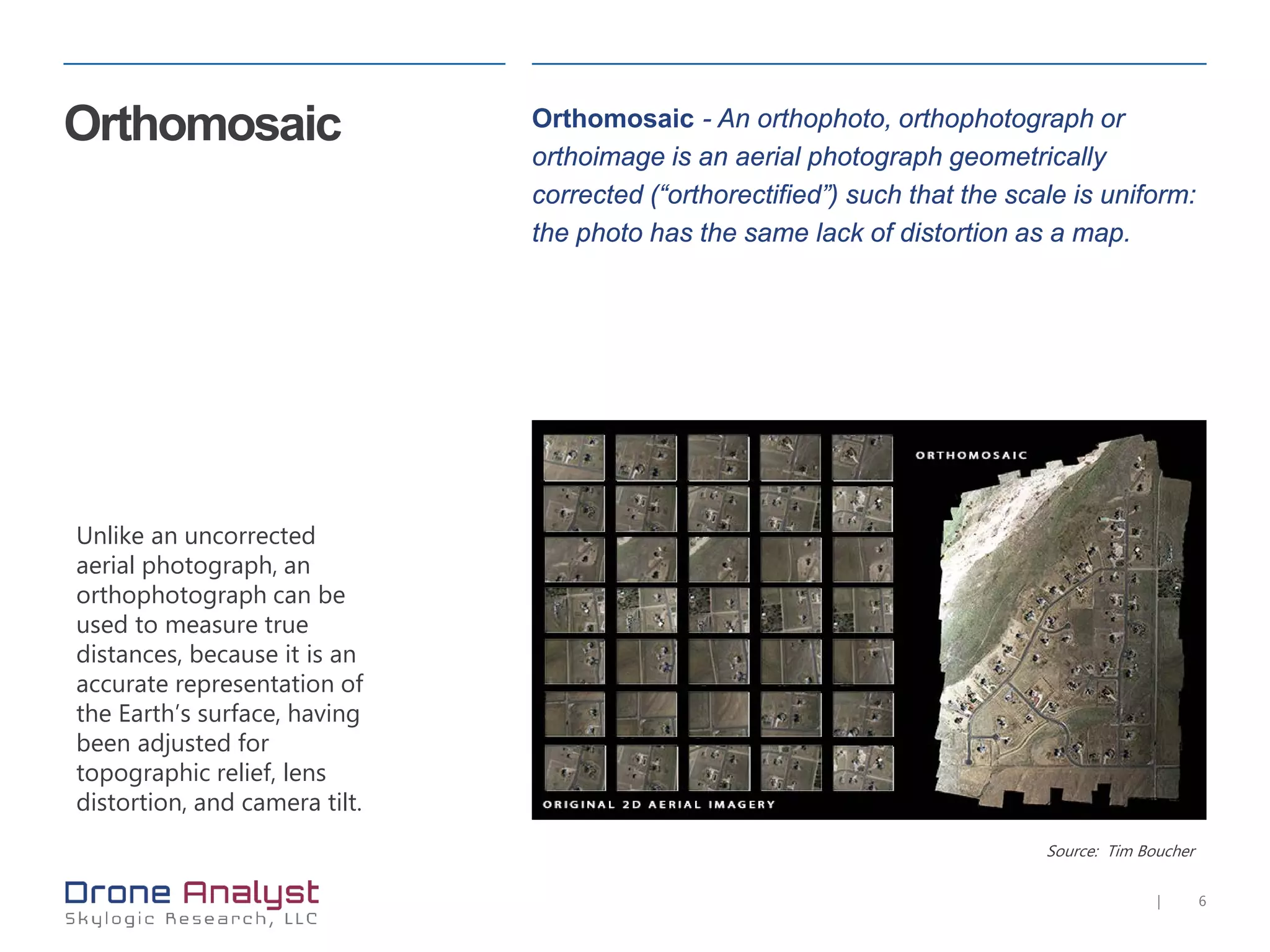 6|
Orthomosaic
Unlike an uncorrected
aerial photograph, an
orthophotograph can be
used to measure true
distances, because it is an
accurate representation of
the Earth’s surface, having
been adjusted for
topographic relief, lens
distortion, and camera tilt.
Orthomosaic - An orthophoto, orthophotograph or
orthoimage is an aerial photograph geometrically
corrected (“orthorectified”) such that the scale is uniform:
the photo has the same lack of distortion as a map.
Source: Tim Boucher
 