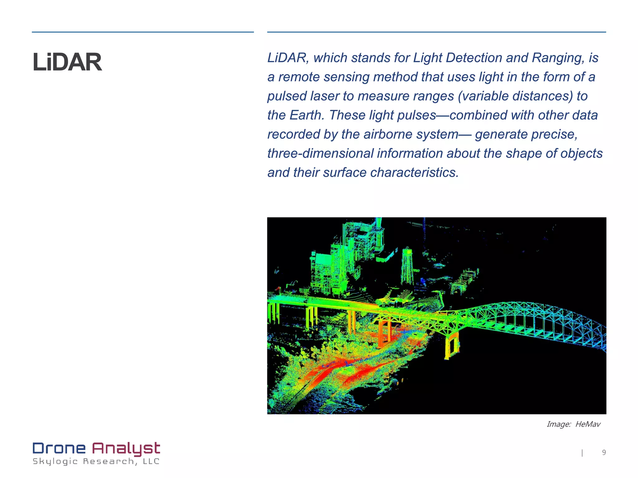 9|
Image: HeMav
LiDAR LiDAR, which stands for Light Detection and Ranging, is
a remote sensing method that uses light in the form of a
pulsed laser to measure ranges (variable distances) to
the Earth. These light pulses—combined with other data
recorded by the airborne system— generate precise,
three-dimensional information about the shape of objects
and their surface characteristics.
 