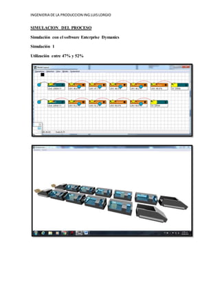 INGENIERIA DE LA PRODUCCION ING.LUISLORGIO
SIMULACION DEL PROCESO
Simulación con el software Enterprise Dymanics
Simulación 1
Utilización entre 47% y 52%
 
