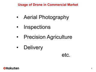 3
Usage of Drone in Commercial Market
• Aerial Photography
• Inspections
• Precision Agriculture
• Delivery
etc.
 