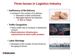 7
Three Issues in Logistics Industry
Increase in the number of re-delivery
 Decrease in labor productivity
 Attempted delivery but absence
 35% in Tokyo
• Inefficiency of Re-Delivery
• Traffic Congestion
Heavy traffic due to increase in distribution
amount
Need extensive infrastructure
improvement to solve traffic problem
Decrease in the number of truck drivers &
the aging of drivers
• Labor Shortage
 