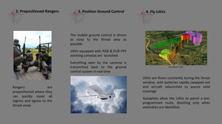 Prof Thomas Snitch
Predict the locations of IED weapon caches in Iraq and Afghanistan, with over 93% accuracy
Same pattern recognition applied to poaching
Supercomputer-based capability, APE, recognises behavioural patterns in the movement of poachers
and rhinos which it uses, along with topographic and seasonal data etc., to predict rhino location & the
poachers point of entry into the protected area during the threat window
The Anti-Poaching Engine (APE) generates precise flight paths for UAVs in coordination with on-
ground ranger patrols
 