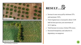 RESULT….
o Increase in area surveyed by minimum 55%
and maximum 354%.
o Total irrigated area is increased to about 13.88
lakh ha from previous year assessment of
10.71 lakh ha.
o Total Increase in revenue of about ₹50 crores.
o Increased transparency and reduction in
dependency on manpower.
Drone Technology In Agriculture
12
 