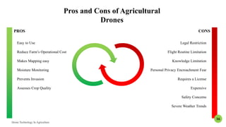 PROS CONS
Easy to Use
Reduce Farm’s Operational Cost
Makes Mapping easy
Moisture Monitoring
Prevents Invasion
Assesses Crop Quality
Legal Restriction
Flight Routine Limitation
Knowledge Limitation
Personal Privacy Encroachment Fear
Requires a License
Expensive
Safety Concerns
Severe Weather Trends
Pros and Cons of Agricultural
Drones
16
 