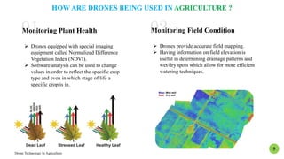 HOW ARE DRONES BEING USED IN AGRICULTURE ?
Monitoring Plant Health
 Drones equipped with special imaging
equipment called Normalized Difference
Vegetation Index (NDVI).
 Software analysis can be used to change
values in order to reflect the specific crop
type and even in which stage of life a
specific crop is in.
Drone Technology In Agriculture
5
Monitoring Field Condition
 Drones provide accurate field mapping.
 Having information on field elevation is
useful in determining drainage patterns and
wet/dry spots which allow for more efficient
watering techniques.
 