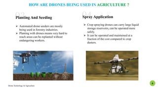Drone Technology In Agriculture
6
HOW ARE DRONES BEING USED IN AGRICULTURE ?
Planting And Seeding
 Automated drone seeders are mostly
being used in forestry industries.
 Planting with drones means very hard to
reach areas can be replanted without
endangering workers.
Spray Application
 Crop spraying drones can carry large liquid
storage reservoirs, can be operated more
safely.
 It can be operated and maintained at a
fraction of the cost compared to crop
dusters.
 