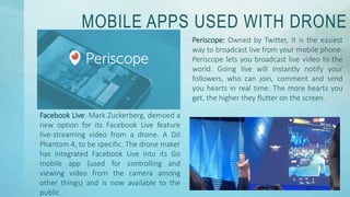 MOBILE APPS USED WITH DRONE
Periscope: Owned by Twitter, It is the easiest
way to broadcast live from your mobile phone.
Periscope lets you broadcast live video to the
world. Going live will instantly notify your
followers, who can join, comment and send
you hearts in real time. The more hearts you
get, the higher they flutter on the screen.
Facebook Live: Mark Zuckerberg, demoed a
new option for its Facebook Live feature
live-streaming video from a drone. A DJI
Phantom 4, to be specific. The drone maker
has integrated Facebook Live into its Go
mobile app (used for controlling and
viewing video from the camera among
other things) and is now available to the
public
 