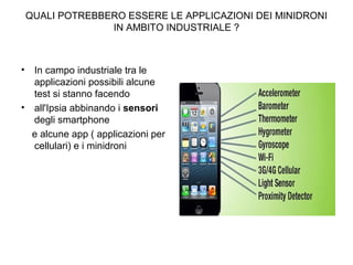 QUALI POTREBBERO ESSERE LE APPLICAZIONI DEI MINIDRONI
IN AMBITO INDUSTRIALE ?
• In campo industriale tra le
applicazioni possibili alcune
test si stanno facendo
• all'Ipsia abbinando i sensori
degli smartphone
e alcune app ( applicazioni per
cellulari) e i minidroni
 